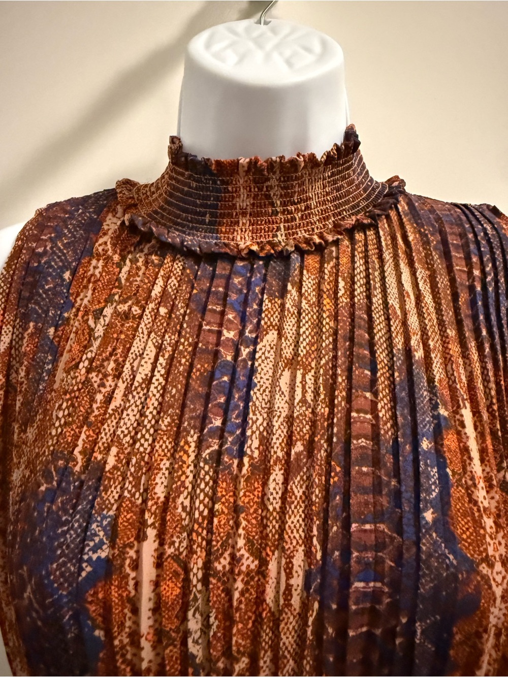 Nanette Lepore Sleeveless Pleated Mock-Neck Dress in Brown & Navy - Picture 3 of 10